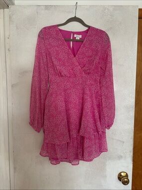 Emma & Sam Hot Pink Floral Wrap Tiered Long Sleeve Dress